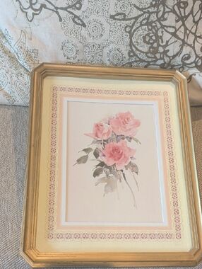 Gorgeous Framed Pink Rose Watercolor Print in Gold Frame